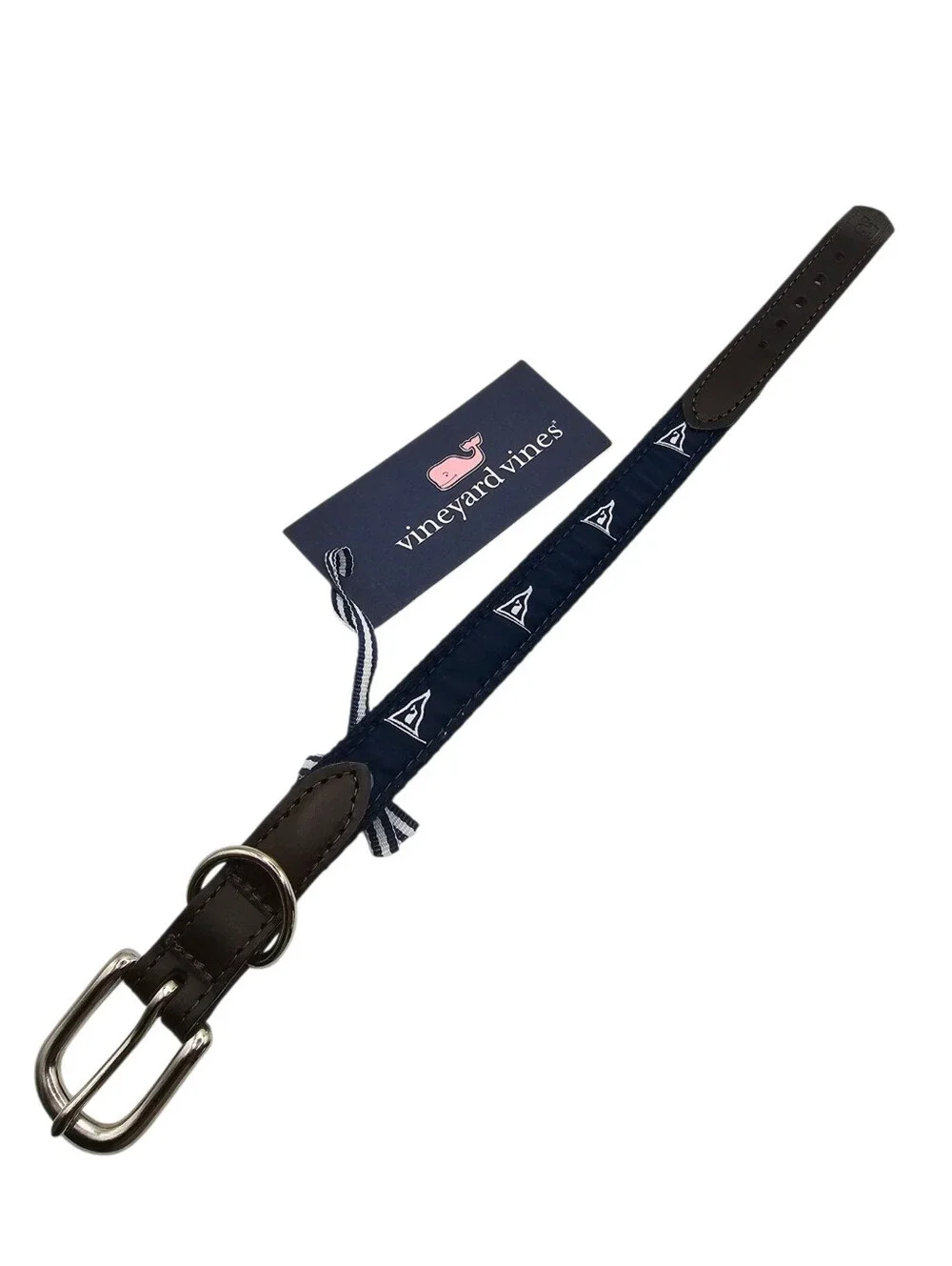 Vineyard Vines Whale Burgee Flag Cowhide Leather & Canvas Dog Collar NWT